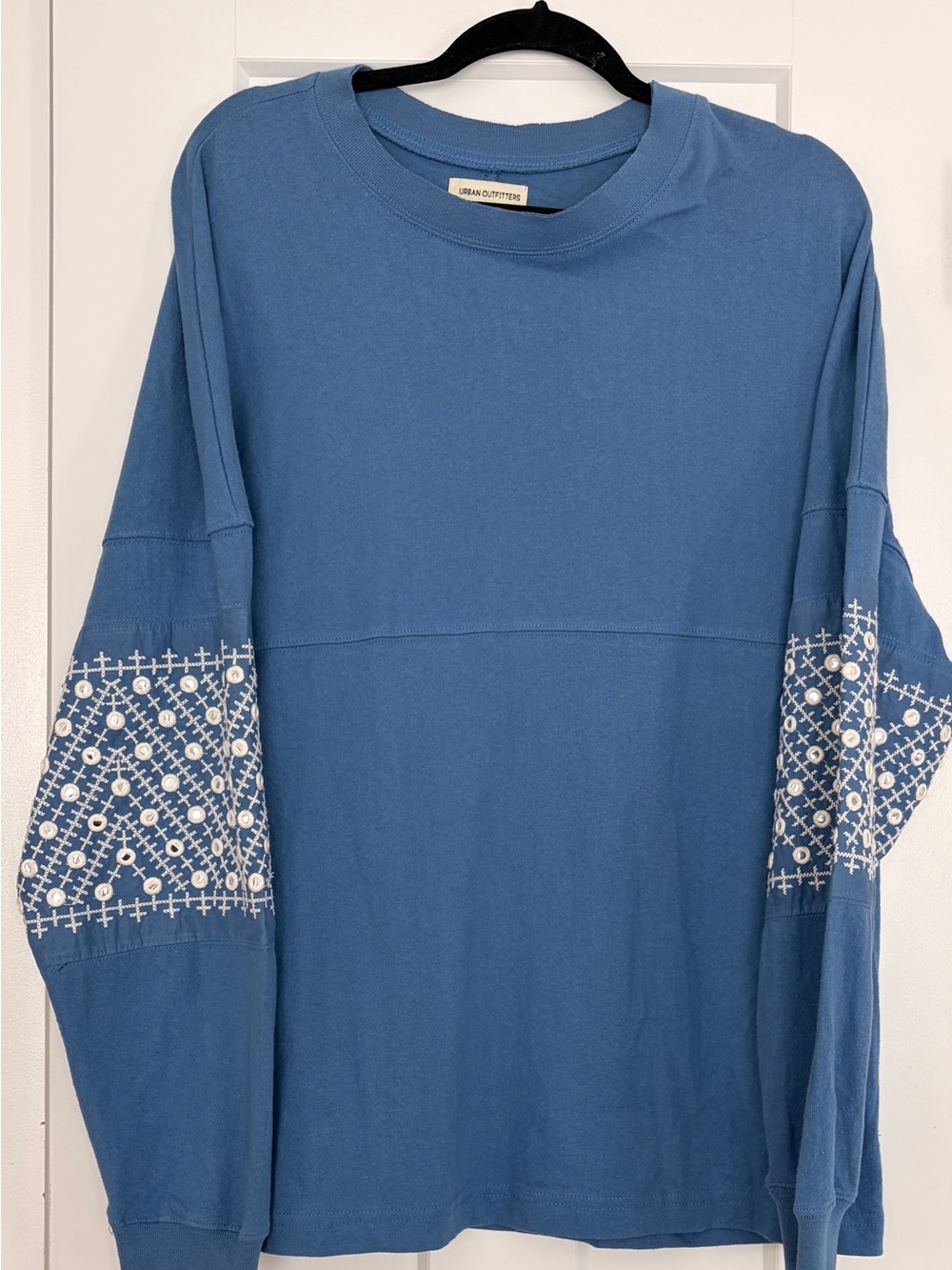 Urban Outfitters Blue Crewneck Sweatshirt with White Embroidered Sleeves - Picture 1 of 4